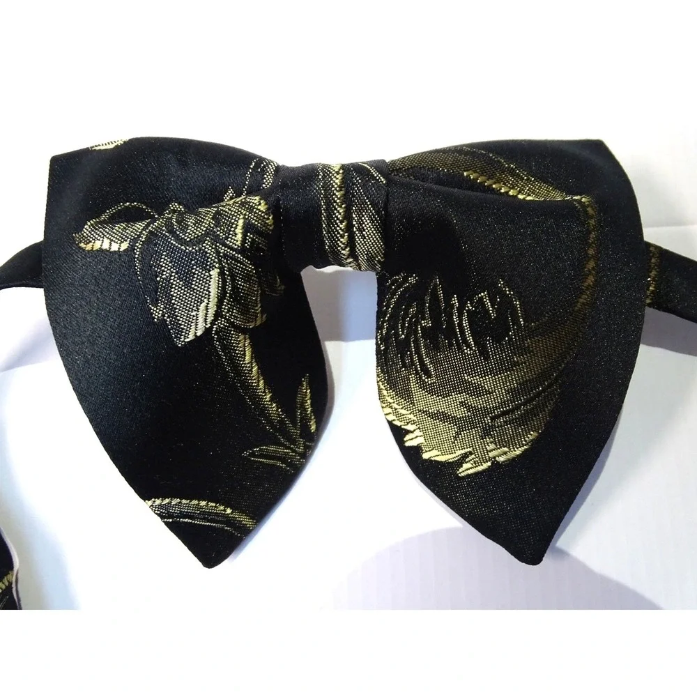 Handmade Oversized Brocade Bow tie Black/Gold Vintage style 70's Wedding Prom